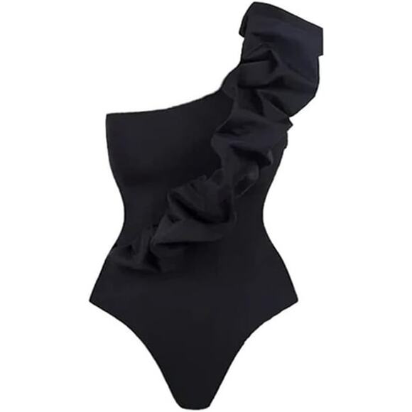 Black Ruffle 1 PC Tummy Control Swimsuit, Black, w/ Sheer Zebra Cover-Up, Small - Picture 2 of 10